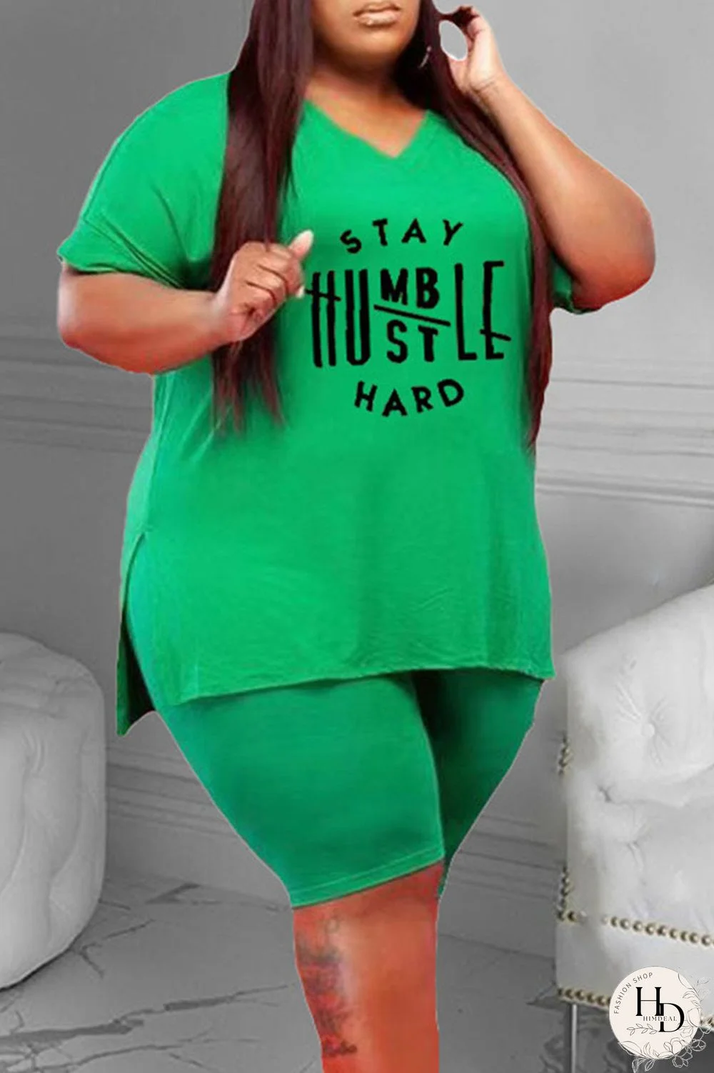 Green Casual Print Split Joint Slit V Neck Plus Size Two Pieces