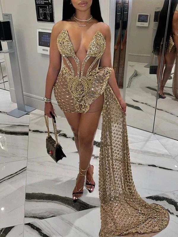 Sexy Deep V-Neck Sequined Backless See-Through Split-Joint Mini Dress