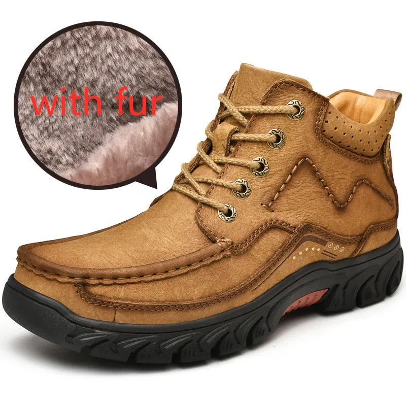 Men ankle Boots Fur Warm genuine Leather winter boots lace up Outdoor Walking Mountain waterproof plush men snow boots