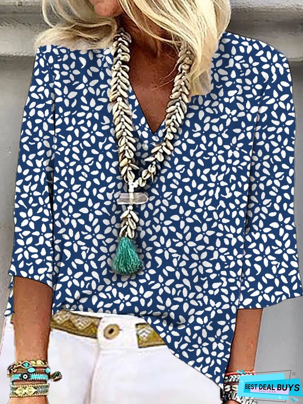 Women's Summer Casual Floral Three Quarter V Neck Printed Top