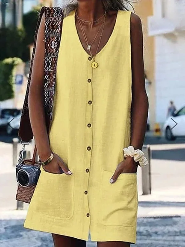 Women's Pure Color V-Neck Pocket Button Sleeveless Cardigan Dress