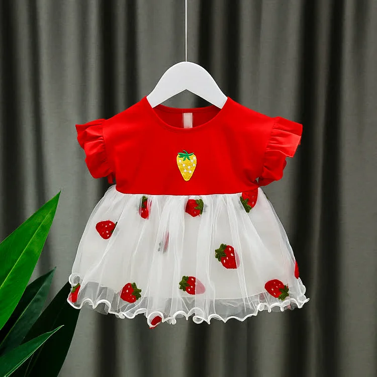 Baby Embroidered Strawberry Ruffled Sleeve Dress
