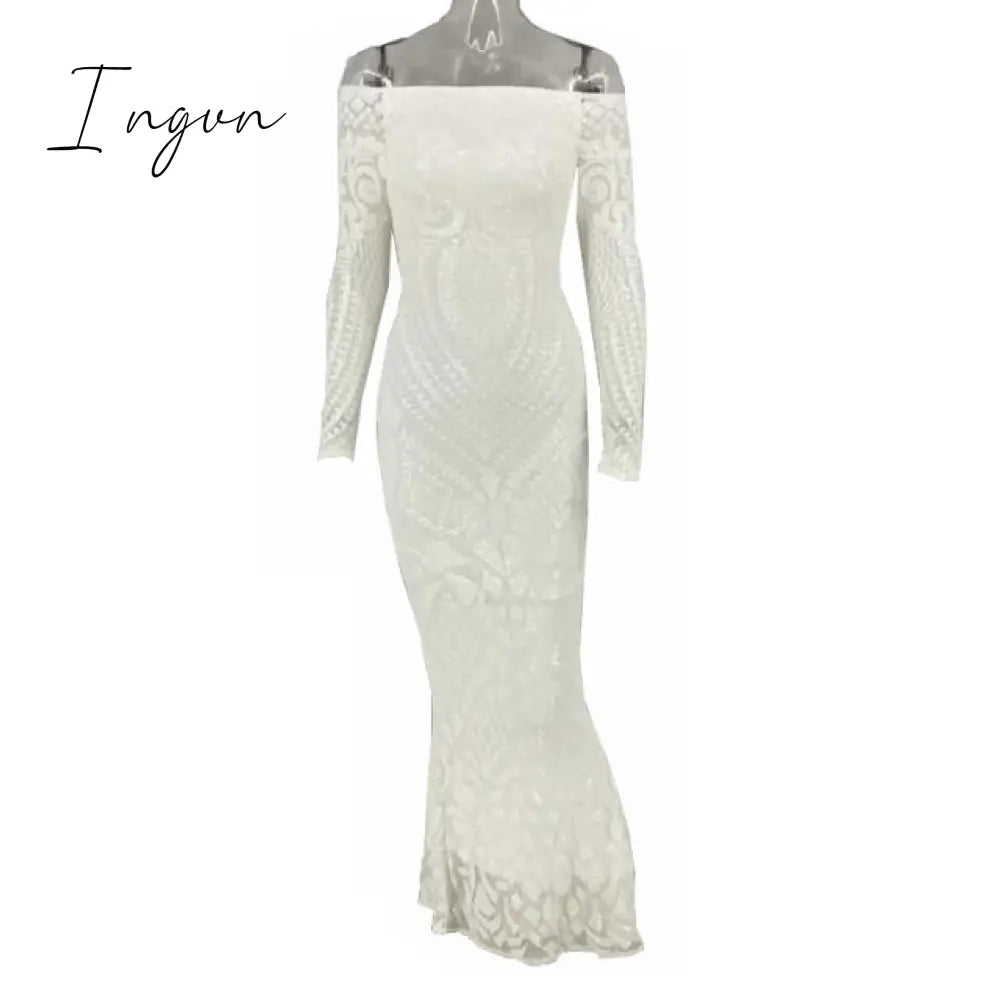 Ingvn - Slash Neck Slim Lace Fishtail Dress Party Women Elegant Long Sleeve Embroidered White