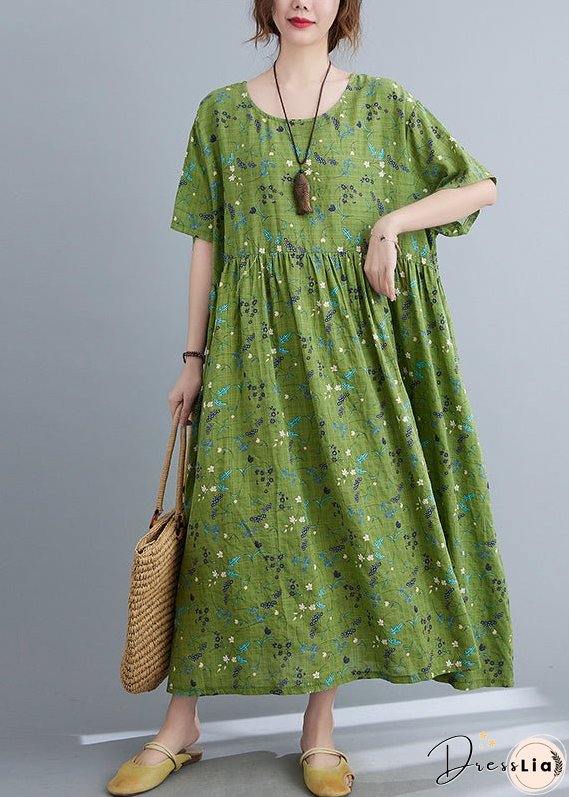Modern Green Print Wrinkled Long Dresses Summer
