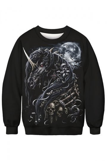 Crew Neck Long Sleeve Unicorn&Skull Print Halloween Sweatshirt Black-elleschic