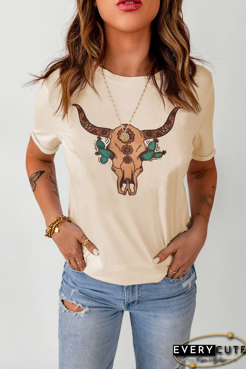 Khaki Western Steer Skull Graphic Print Short Sleeve T Shirt