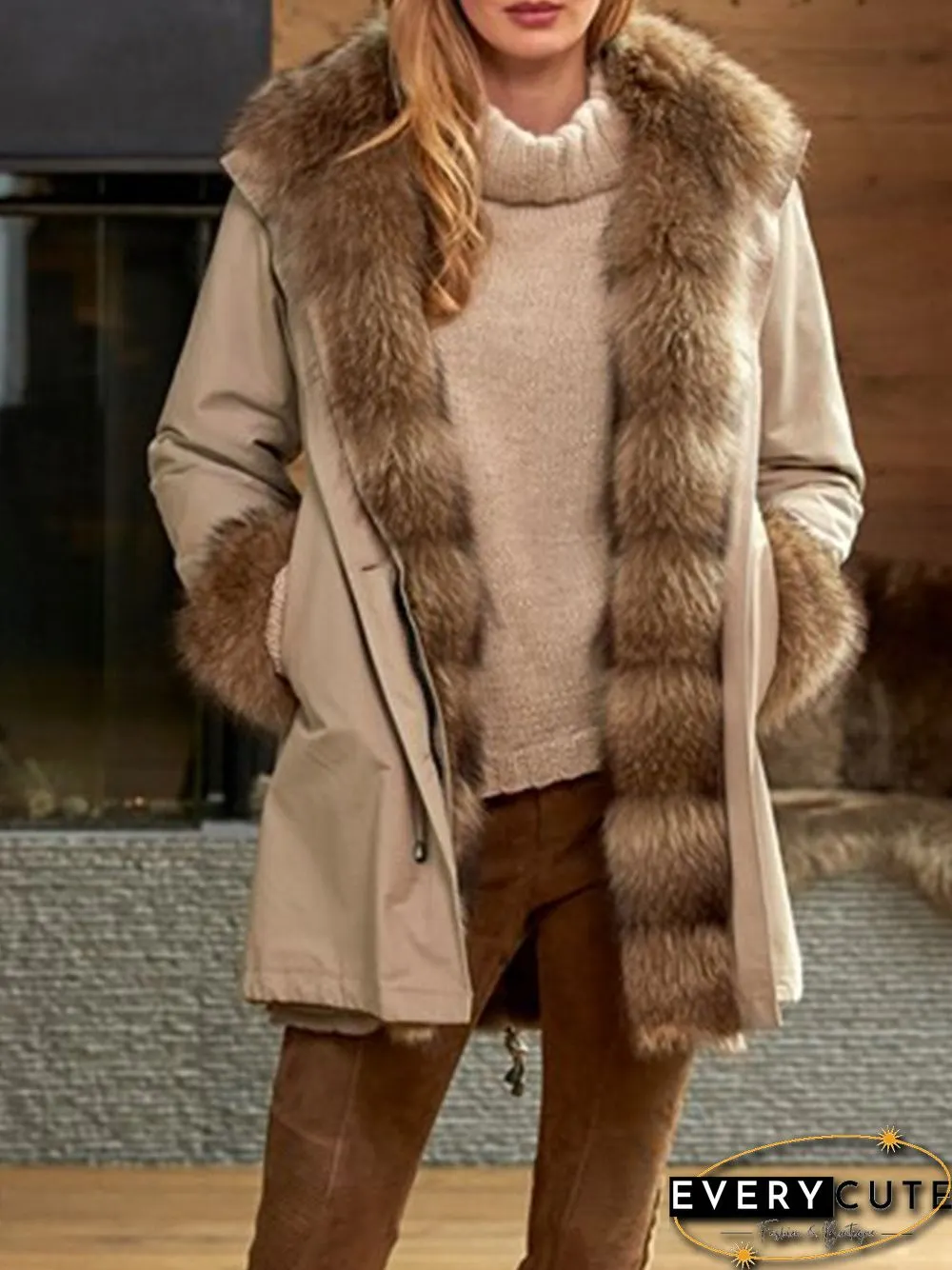 Beige Solid Knitted Turtleneck Casual plus size Sweater