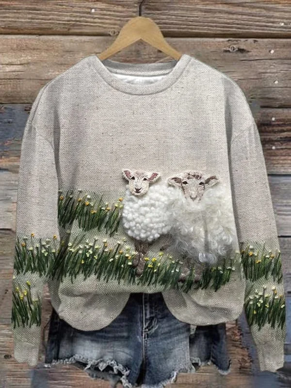 Vintage Sheep Grass And Flowers Print Sweatshirt