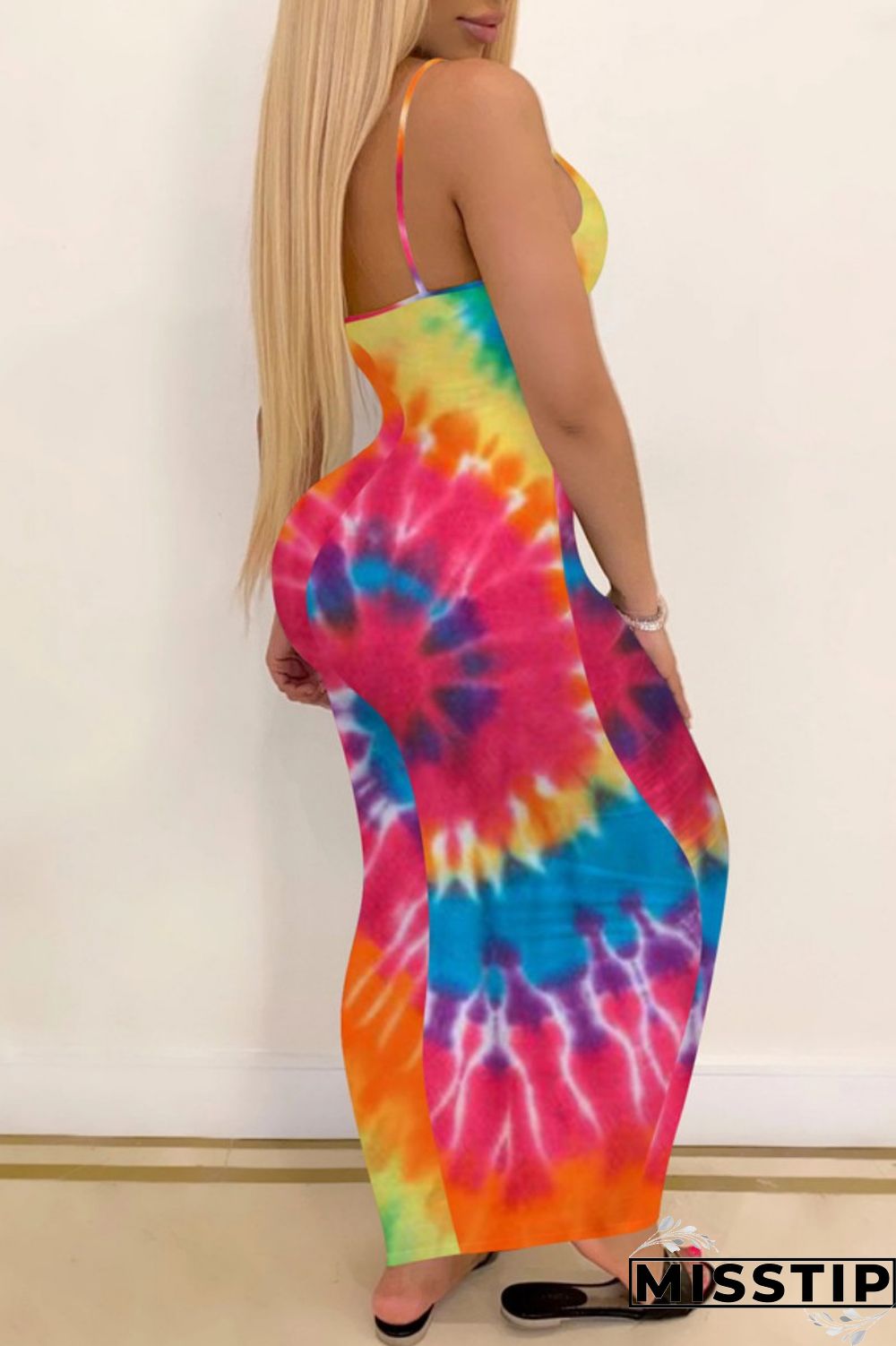 Pink Sexy Print Tie Dye Backless Spaghetti Strap Long Dress Dresses