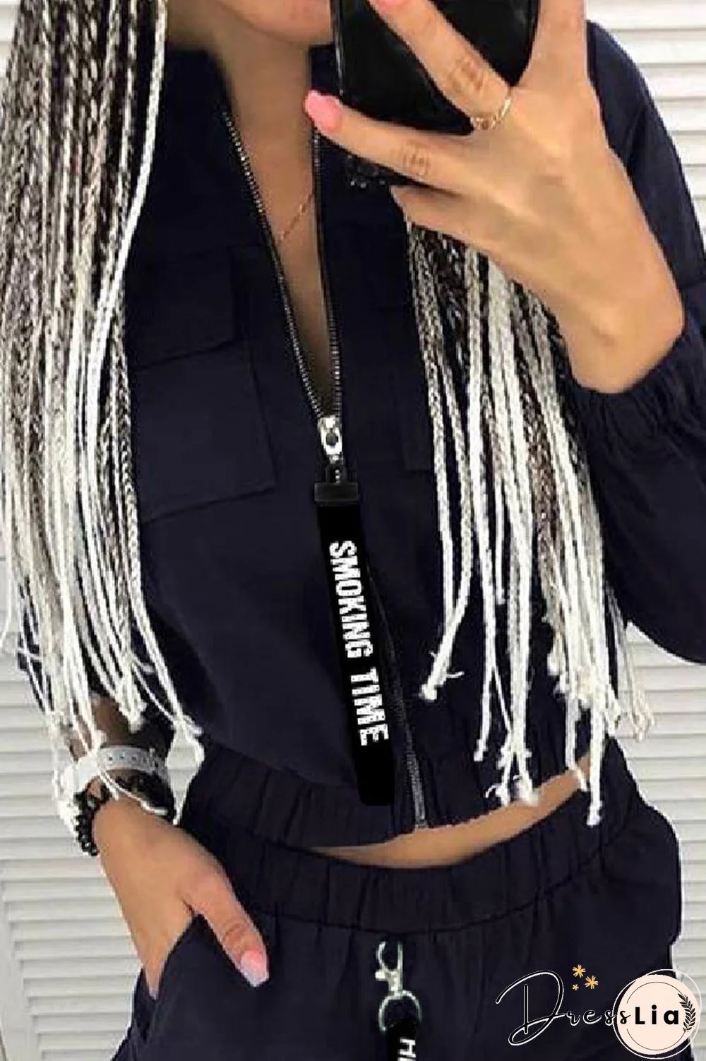 Casual Solid Zipper Mandarin Collar Three Quarter Two Pieces(3 Colors)