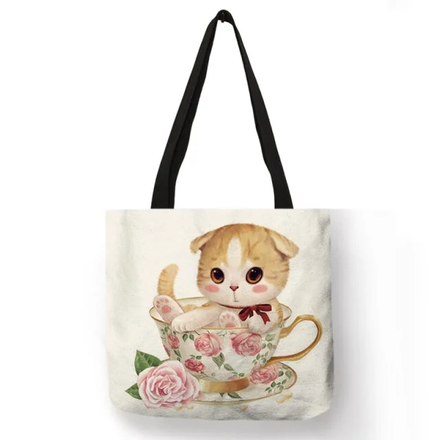 Linen Eco-friendly Tote Bag -  Flower Pet Dog Cat