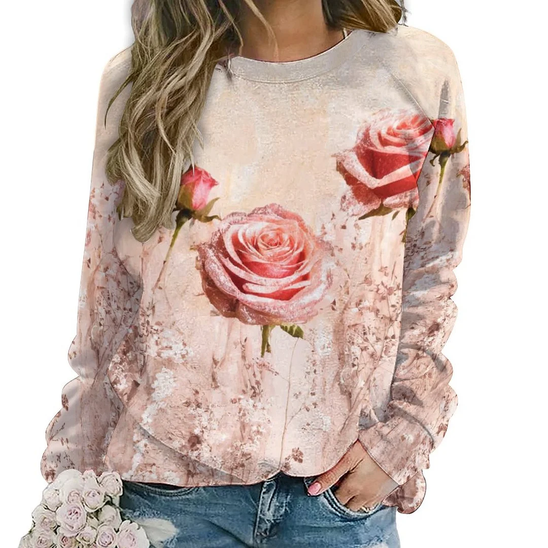 Printed Long Sleeve Casual Sweatshirt for  Women and Men Unisex Pattern Floral, Glitter, Pink