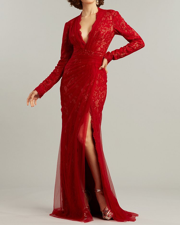 Gown lace slit elegant maxi dress