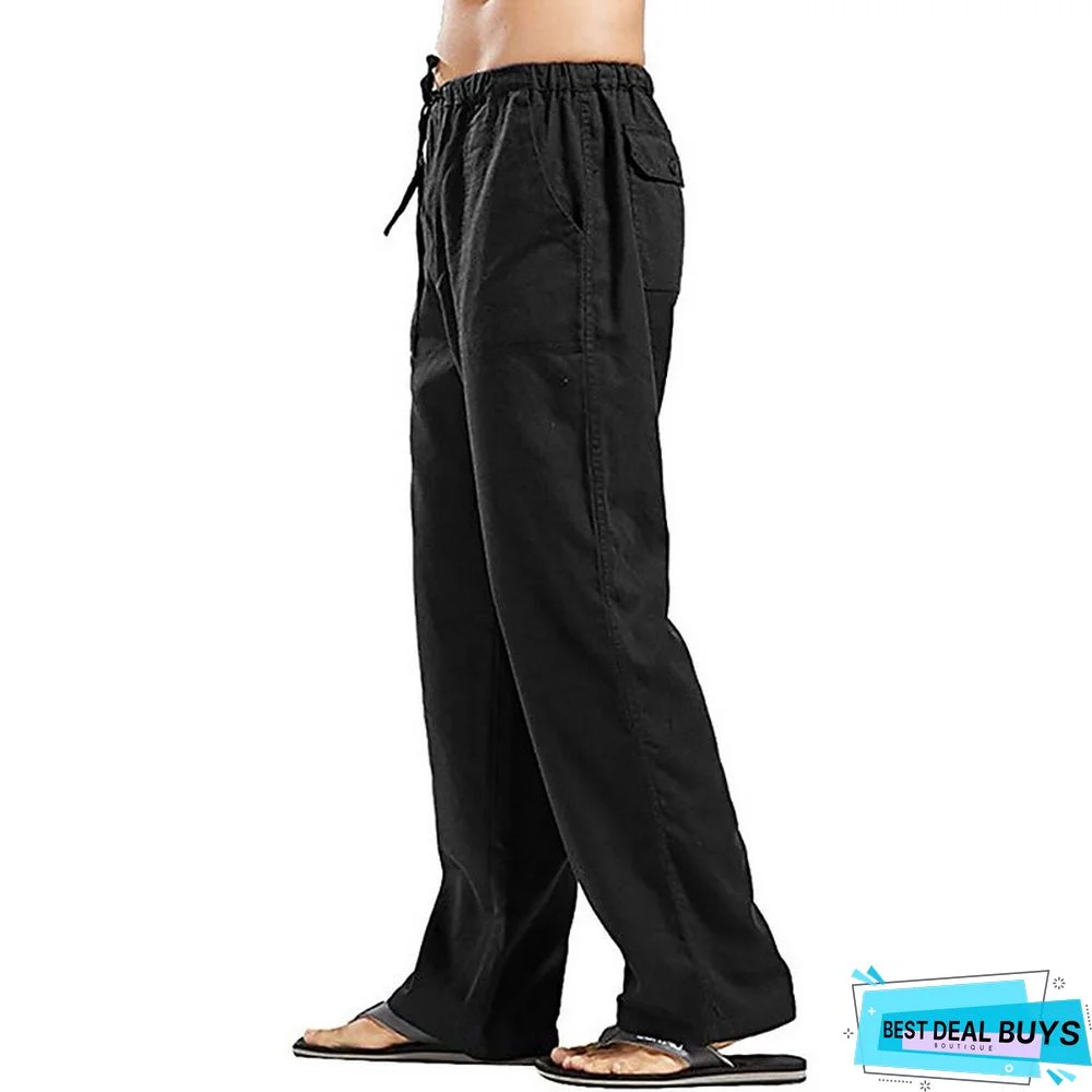 Men's Linen Pants Trousers Summer Pants Beach Pants Wide Leg Plain Breathable Full Length Work Daily Beach Linen / Cotton Blend Fashion Casual Loose Fit Black White