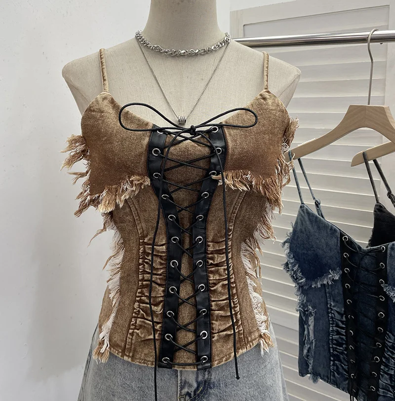 Uveng Real Shooting Do The Old Fur Side Of The Denim Splicing Pu Skin Lace Sling Vest Short Without Sleeve Top 618