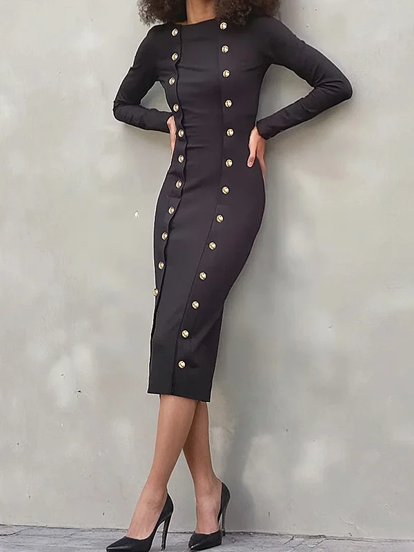 Buttoned Solid Color Bodycon Long Sleeves Round-Neck Midi Dresses