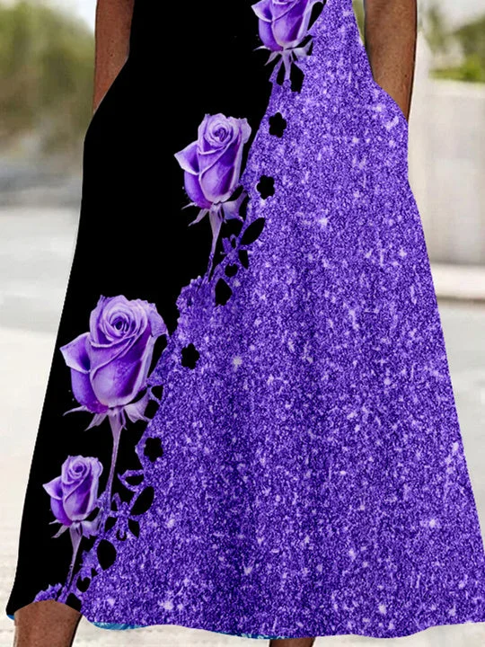 Women's Short Sleeve V-neck Floral Printed Graphic Lace Midi Dress