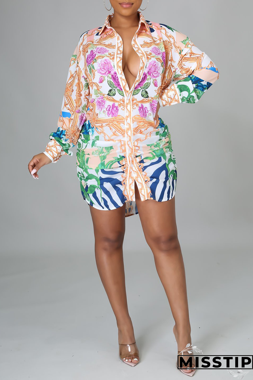 Multicolor Casual Print Patchwork Turndown Collar Shirt Dress Dresses