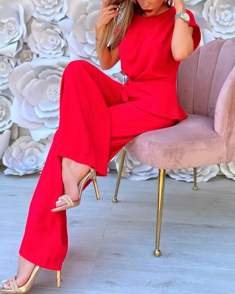 Red Round Neck Short Sleeved Shirt Pants Suit