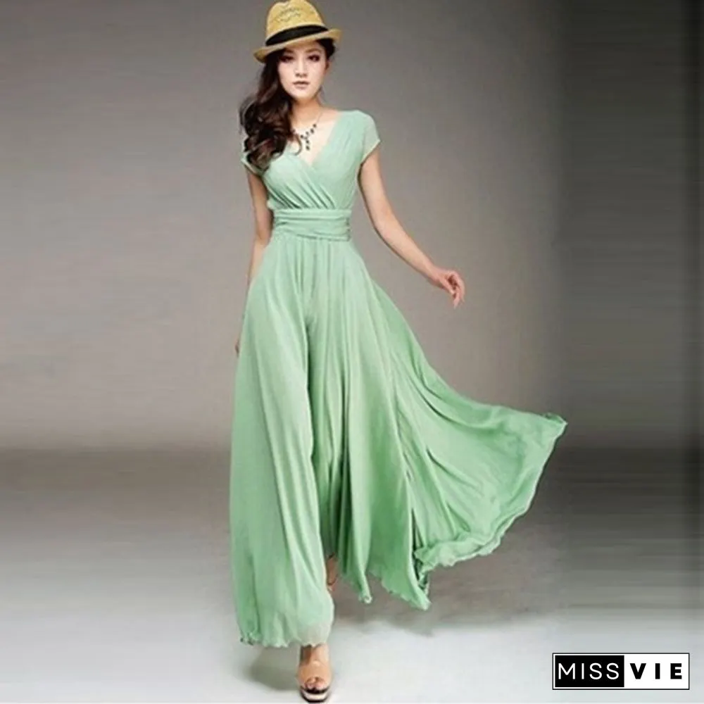 Womens Fashion Spring Summer Autumn Bohemian Maxi Dress Beach Evening V-Neck Sexy Women