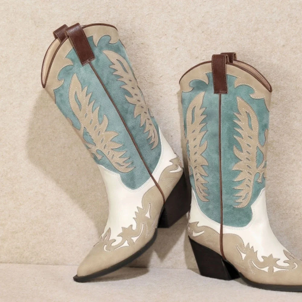 Multicolor Patchwork Pointed Toe Chunky Heel Cowgirl Mid-Calf Boots
