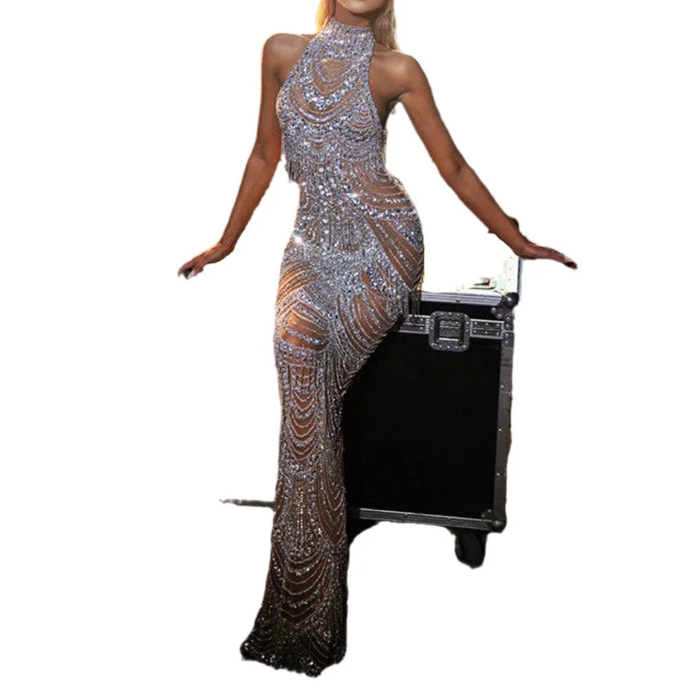 Uveng Uveng 2025 New Women's Dress Hanging Neck Dress Perspective Sprinkled Gold Sexy Dress