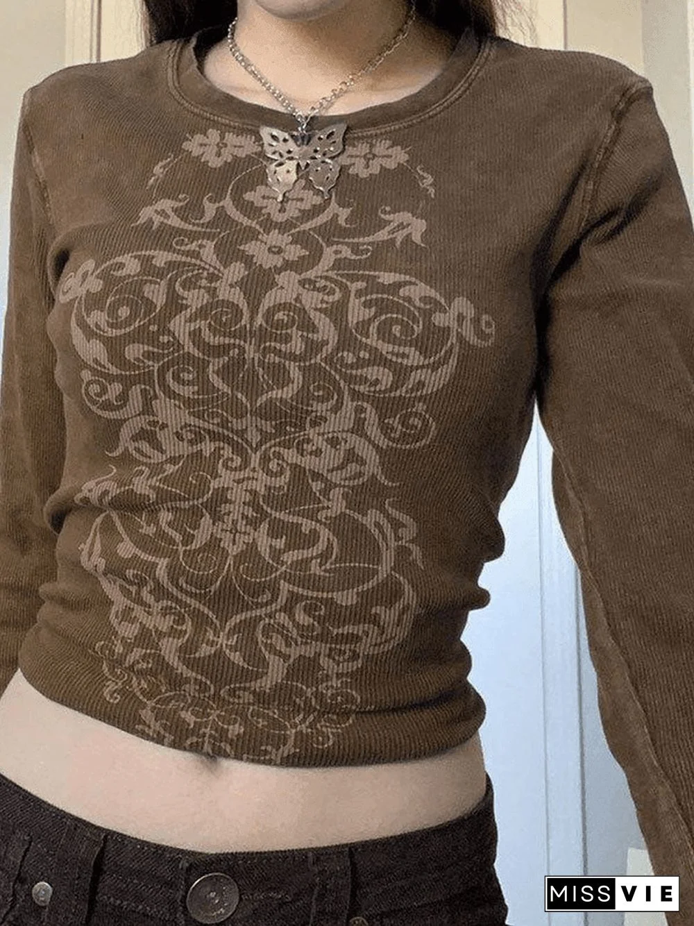 Rib Long Sleeve Printed Crop Top