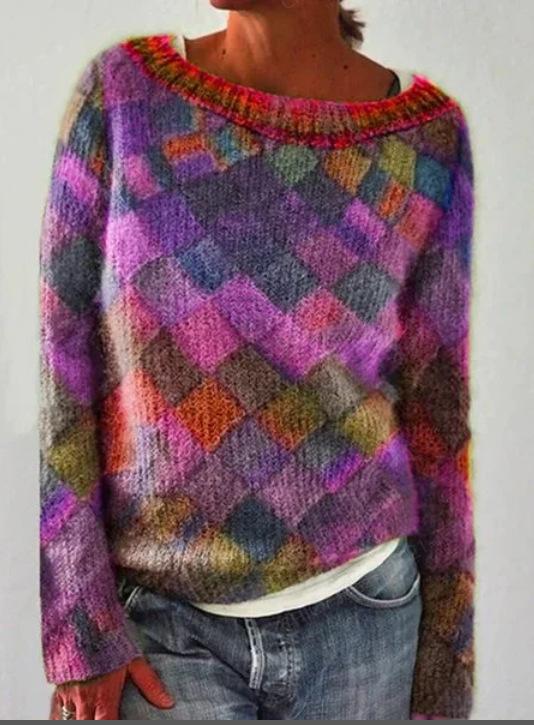 Women Long Sleeve Scoop Neck Plaid Stitching Top