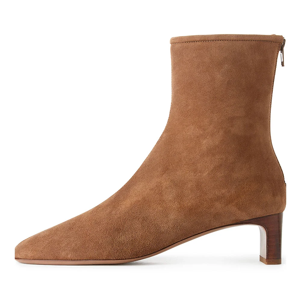 Brown Vegan Suede Square Toe Zipper Chunky Heel Short Boots for Women