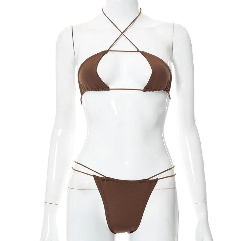 Hugcitar Solid Halter Bandage Hollow Out Sexy Bra Swimsuit 2 Pieces Set 2022 Summer Holiday Beach Revealing Outfits Y2K