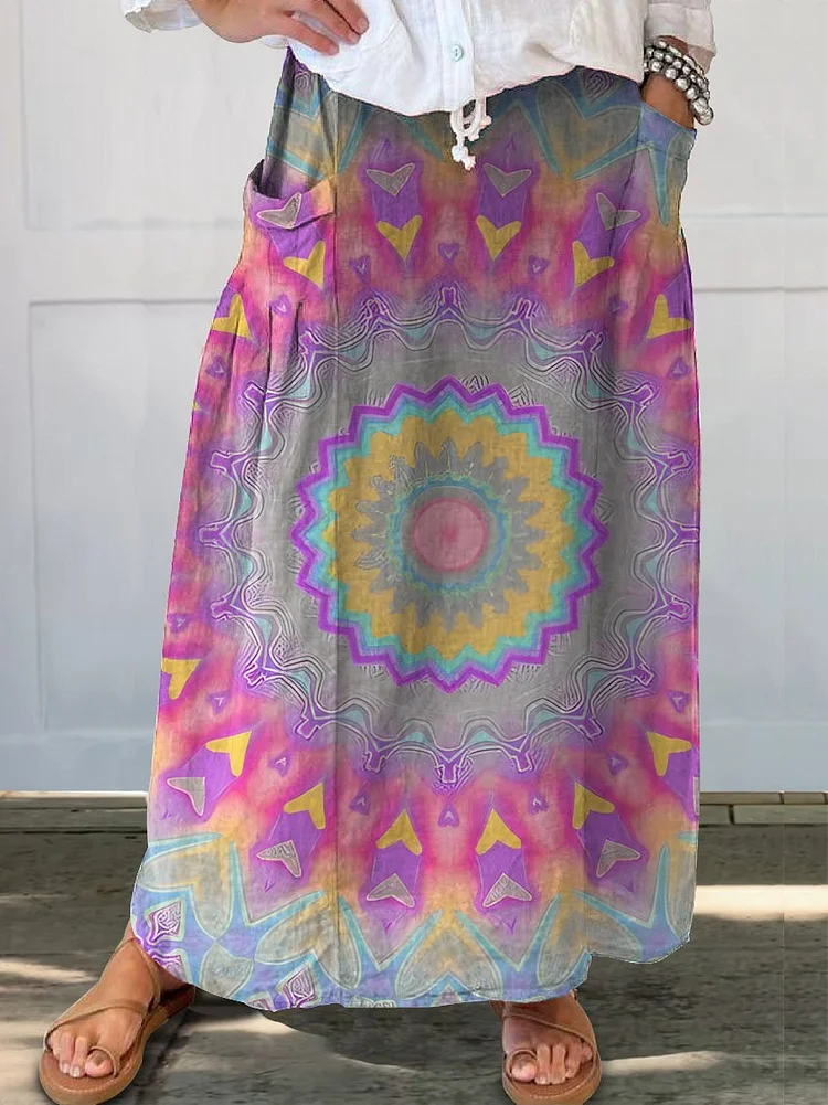 Women's Fantasy Kaleidoscope Print Linen Pocket Skirt