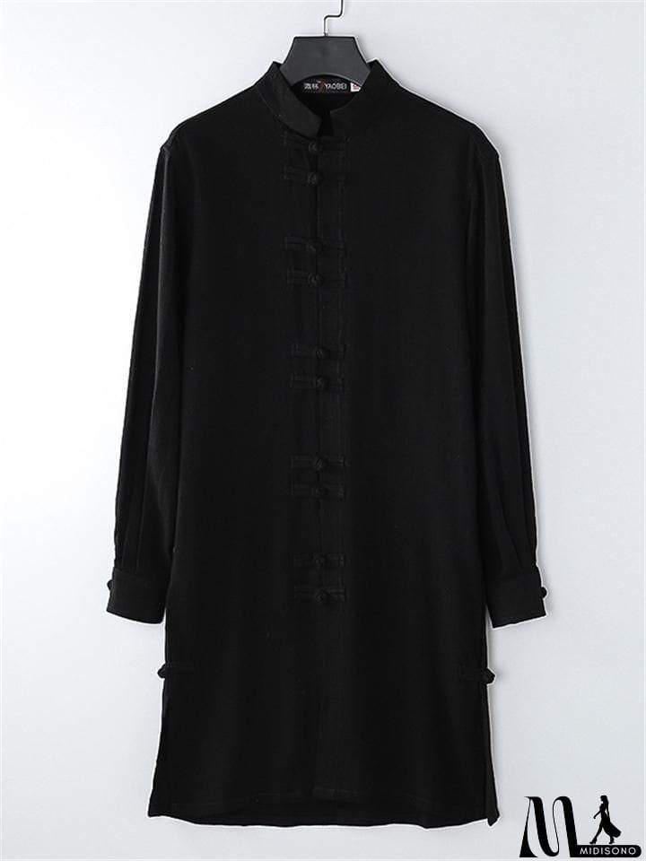 MidiSono - Mens Vintage Stand Collar Solid Color Cotton&Linen Robes