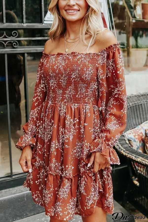 Adorn Smocked Printed Ruffle Hem Dress