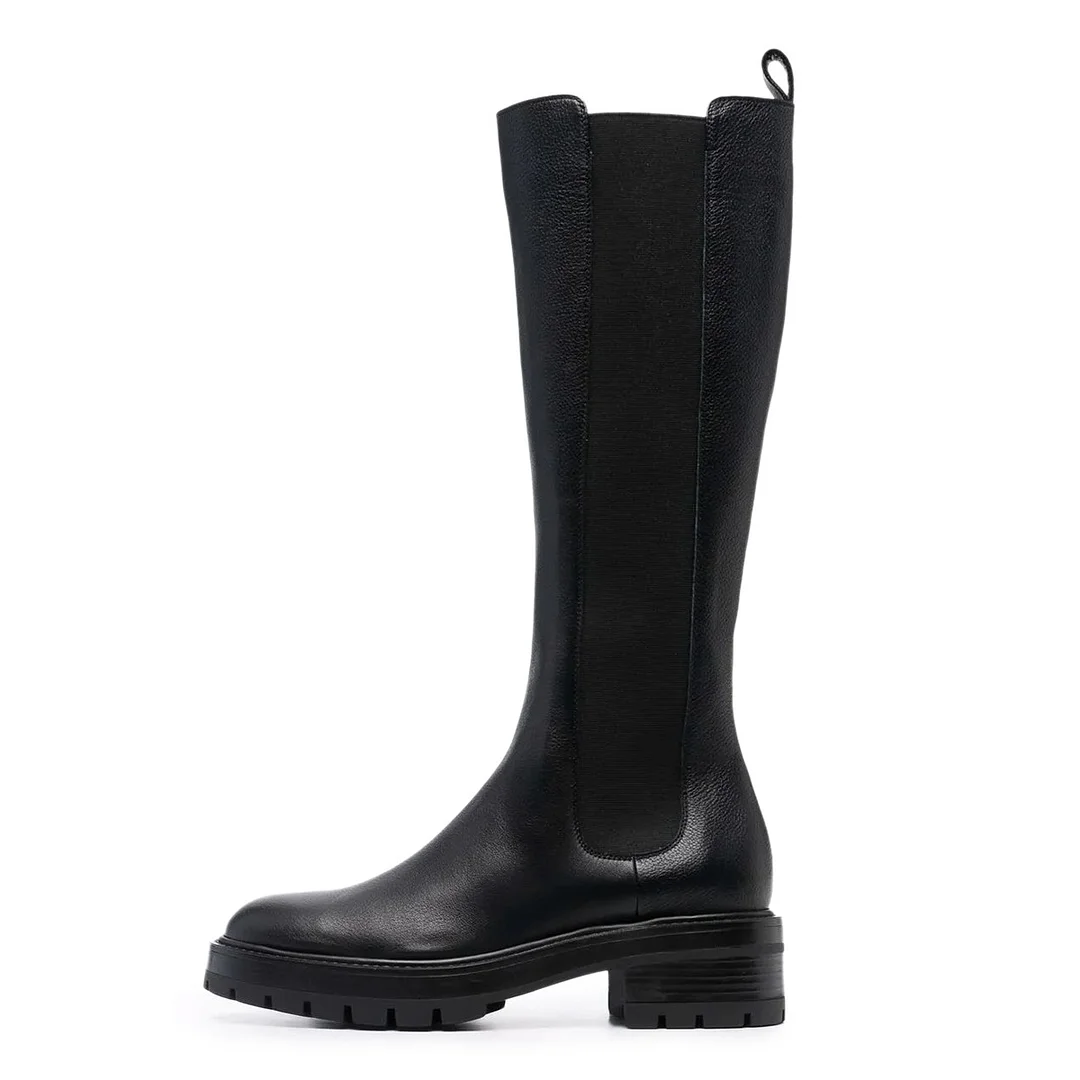 Round Toe Low Chunky Heel Pull Tab Knee High Black Chelsea Boots Women