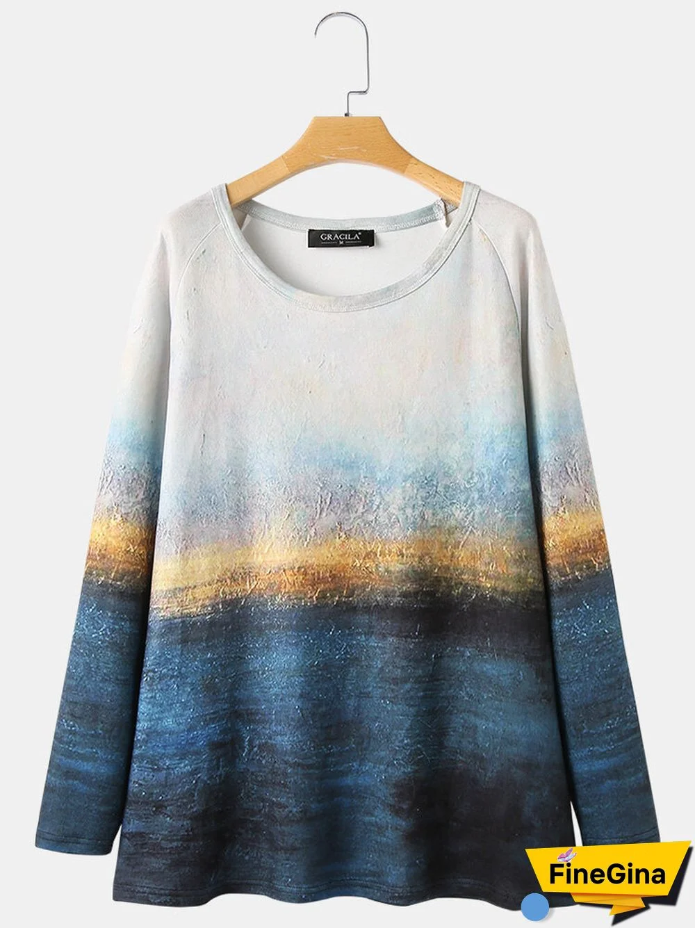 Landscape Prints Long Sleeves O-neck Casual T-shirt For Women