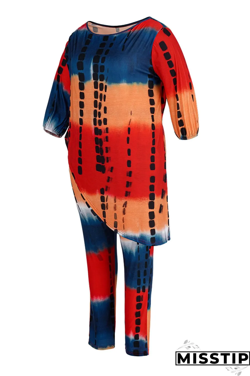 Orange Fashion Casual Tie Dye Asymmetrical O Neck Plus Size Two Pieces