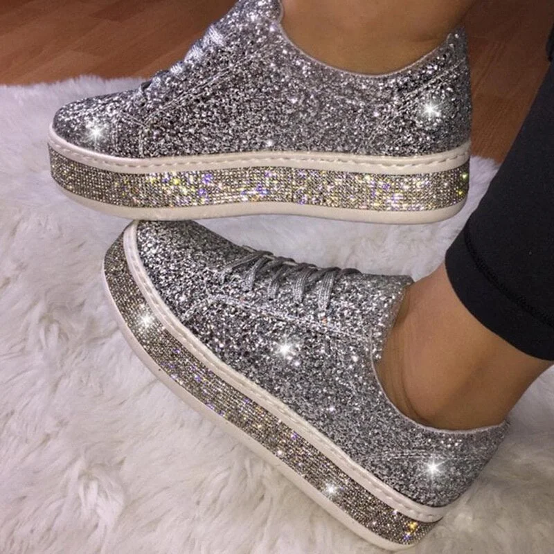 Women Vulcanize Shoes Sneakers Sliver Bling Shoes Girl Flat Glitter Sneakers Casual Female Breathable Lace Up Sport Shoes