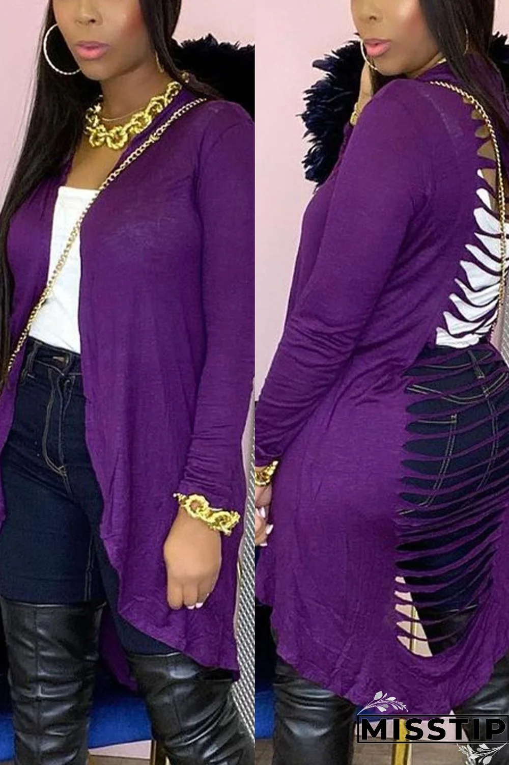 Purple Sexy Solid Hollowed Out Hooded Collar Outerwear