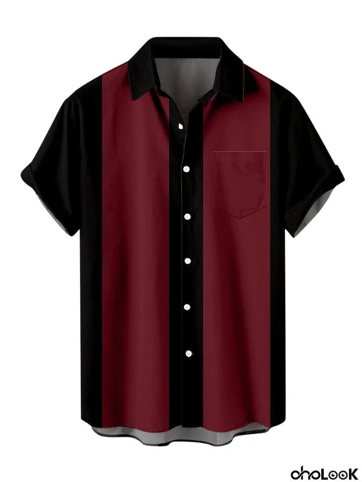 Contrast Color Short Sleeves Burgundy Shirt Mens