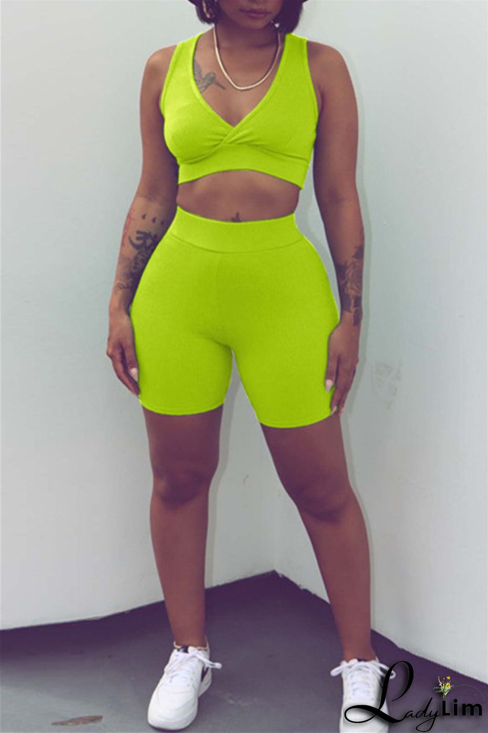 Blue Fashion Casual Sportswear Solid Patchwork V Neck Sleeveless Two Pieces