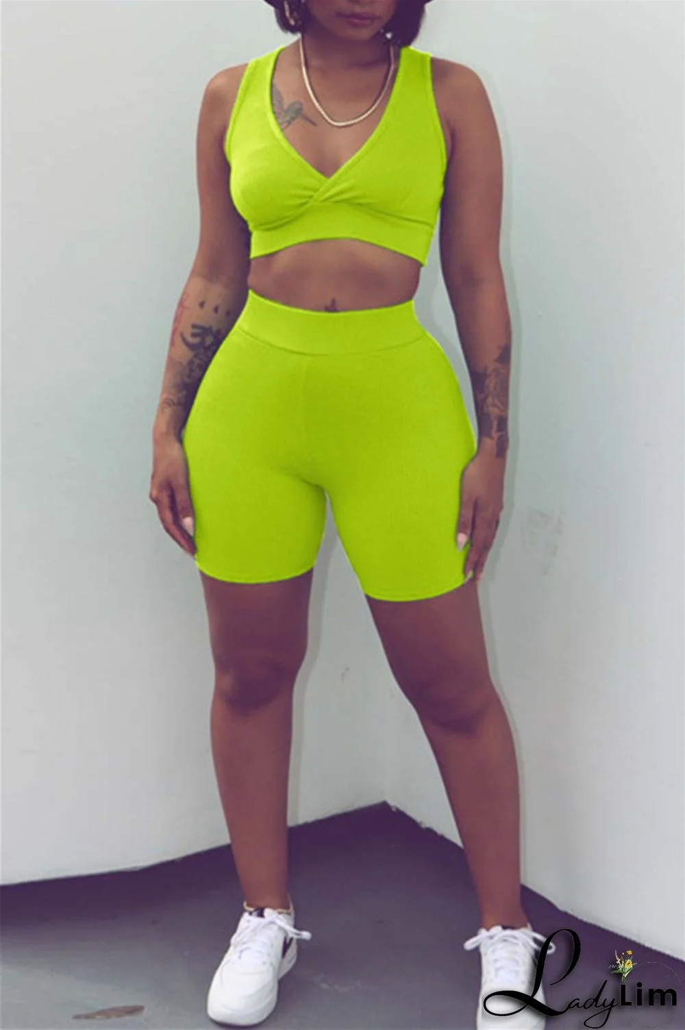 Blue Fashion Casual Sportswear Solid Patchwork V Neck Sleeveless Two Pieces