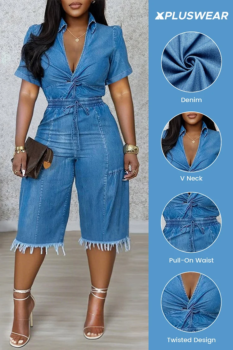 Plus Size Daily Blue V Neck Short Sleeve Pull-On Waist Casual Pocket Denim Rompers [Pre-Order]