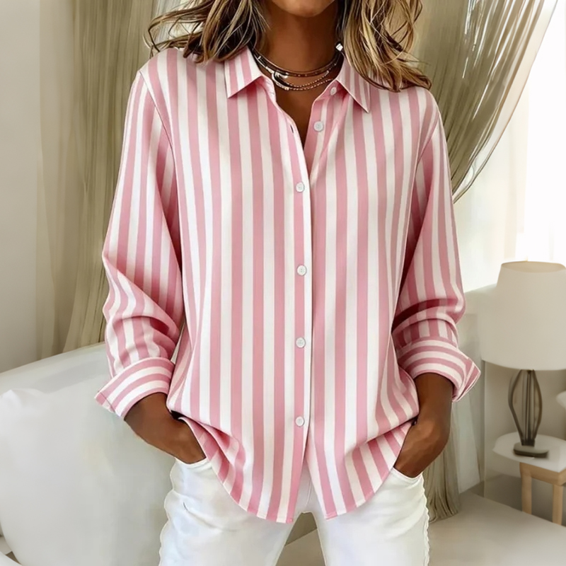 Comstylish Women's Striped Pattern Linen Blend Casual Shirt