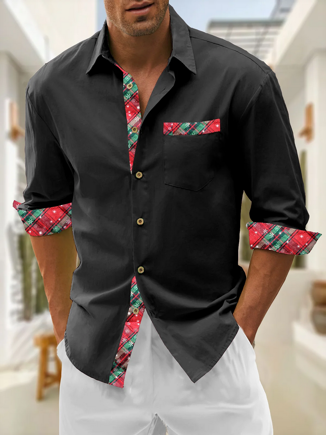 Suitmens Plain Patchwork Geometric Chest Pocket Long Sleeved Shirt