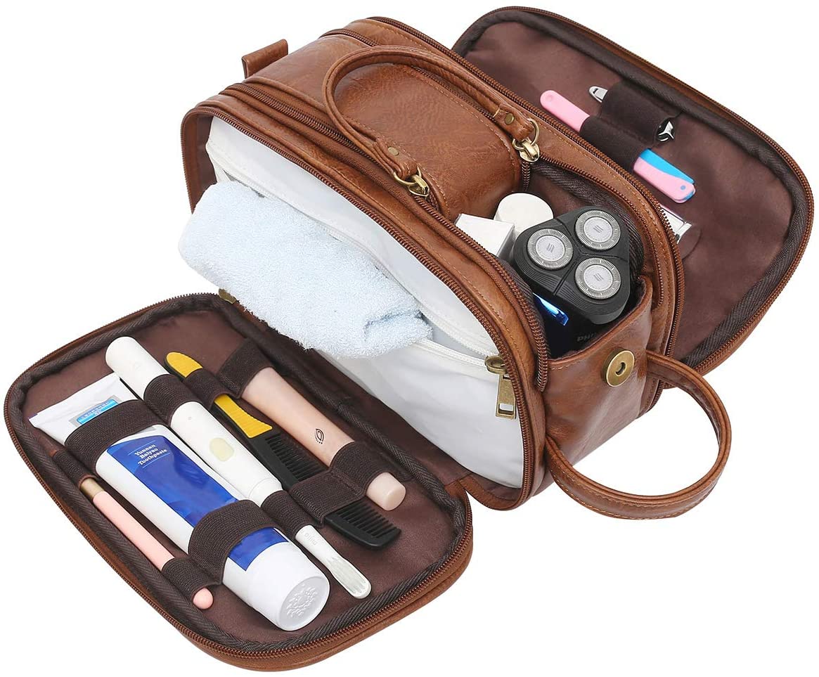 Toiletry Bag for Men, Large Capacity Travel Shaving Dopp Kit All In One Bathroom Toiletries Organizer Leather Cosmetic Bag (Brown)