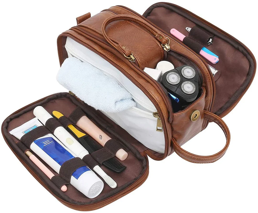 Toiletry Bag for Men, Large Capacity Travel Shaving Dopp Kit All In One Bathroom Toiletries Organizer Leather Cosmetic Bag (Brown)