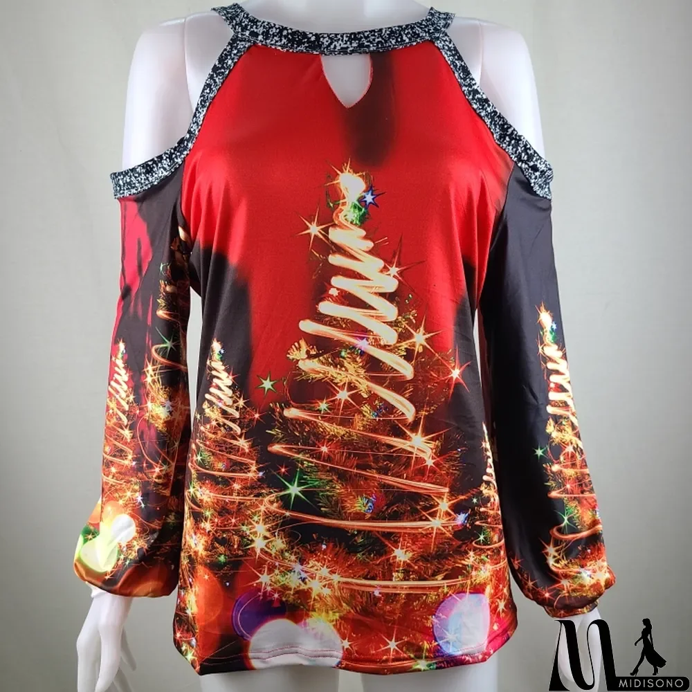 MidiSono - Christmas Sexy Print Hollow Out Sequins Long Sleeve Top