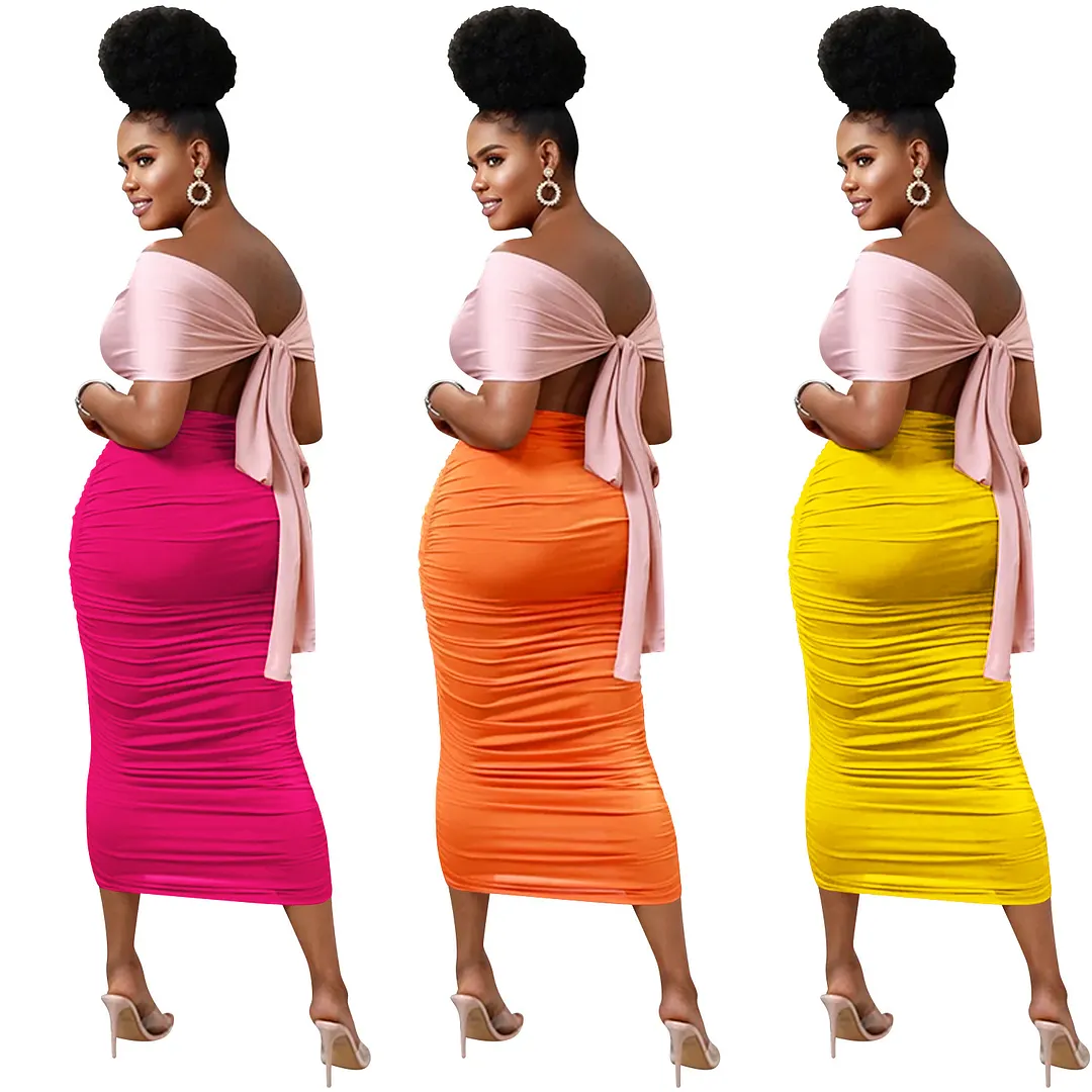Churchf Churchf Fashion Women's Casual Tight Back Hollow Out Pleated Dress Women's Wear