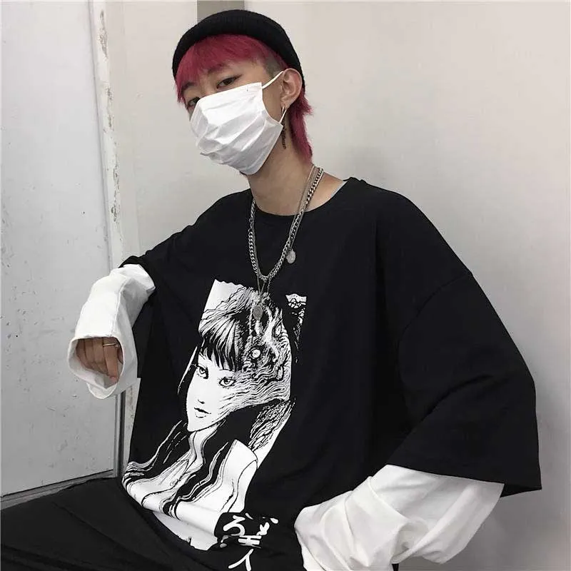 NiceMix Harajuku T-shirt Women Fake 2 Pieces Print Japanese Fujiang Horror Comics Long Sleeve Shirt Women Vetement Femme 2020