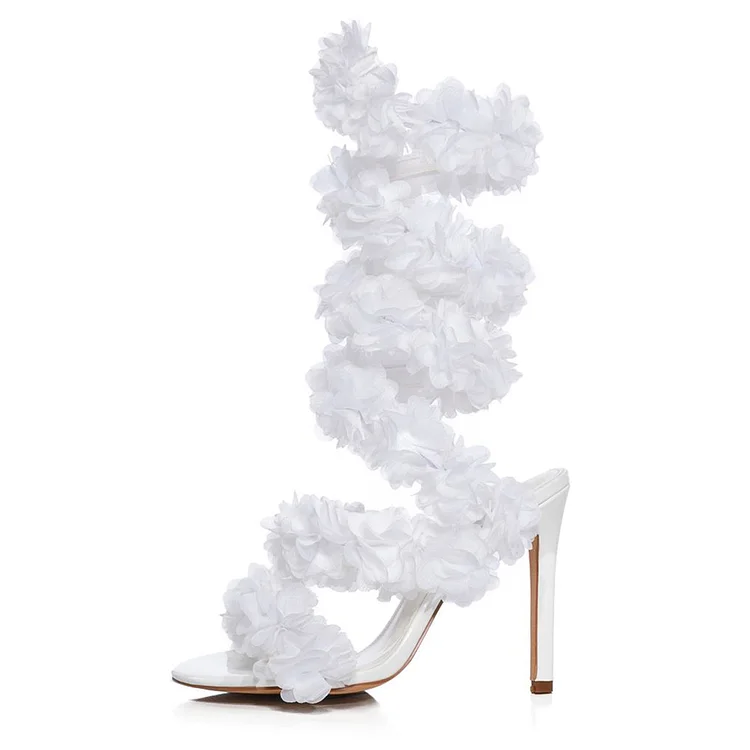 Women's Wedding Heels Wrap Around Flower Embellished White Sandals |FSJ Shoes